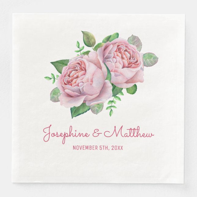Pink Rose Wedding Paper Dinner Napkins (Front)