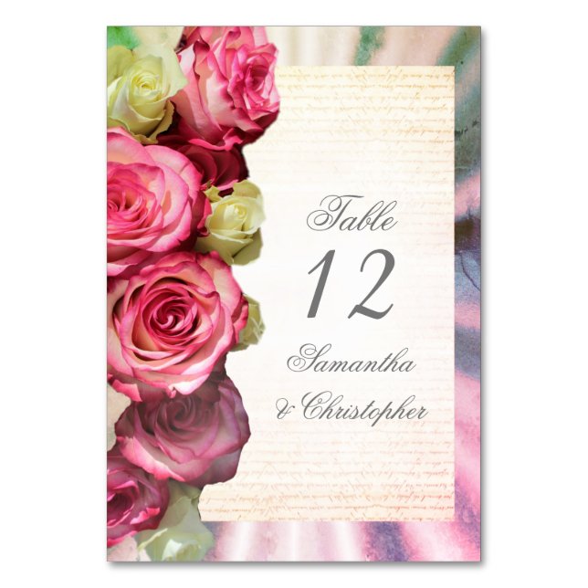 Pink rose wedding table number (Front)