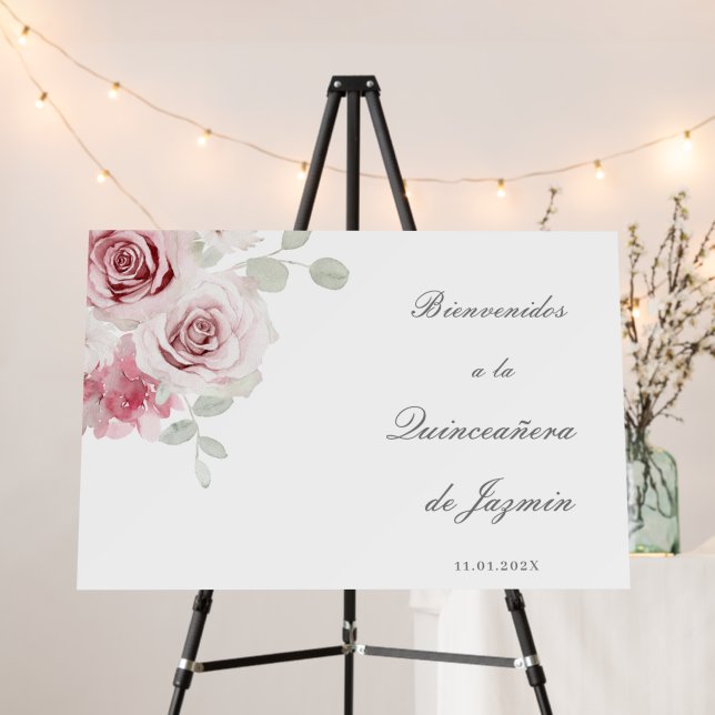 Pink Rose Welcome Foam Board For Quinceañera (In Situ (Stand))