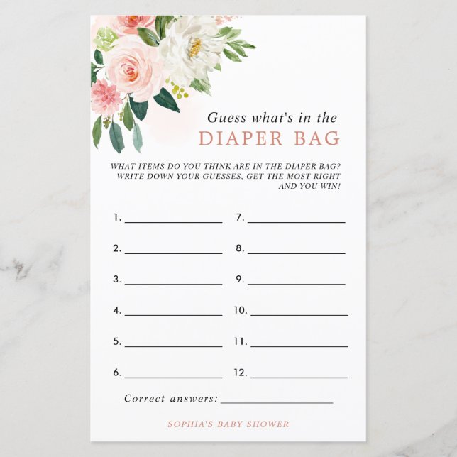 Pink  Rose What Is In The Diaper Bag Shower Game (Front)