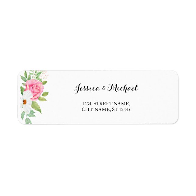 Pink Rose White Cosmos Floral Bouquet Wedding Label (Front)