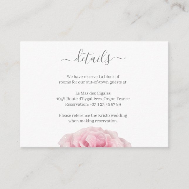 Pink Rose White Gray Floral Wedding Hotel Detail Enclosure Card (Front)