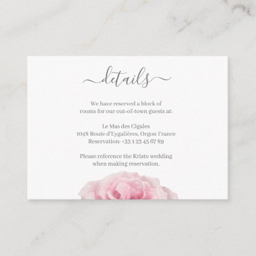 Pink Rose White Gray Floral Wedding Hotel Detail Enclosure Card