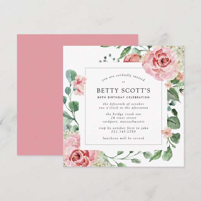Pink Rose White Hydrangea 80th Birthday Party Invitation (Front/Back)