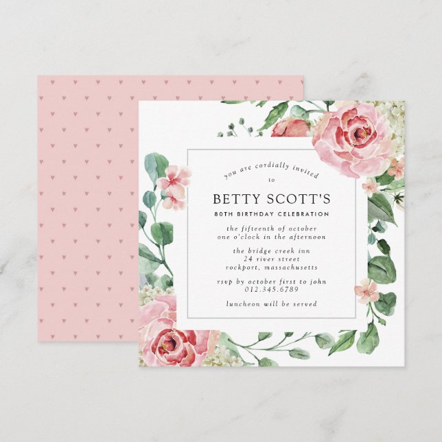 Pink Rose White Hydrangea 80th Birthday Party Invitation (Front/Back)