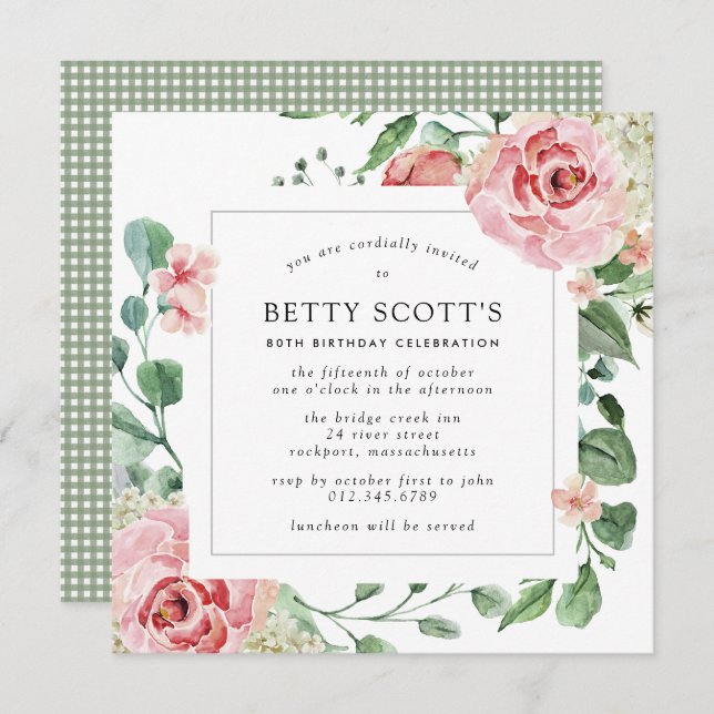 Pink Rose White Hydrangea 80th Birthday Party Invitation (Front/Back)