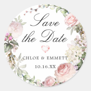 Pink Rose White Hydrangea Save the Date Classic Round Sticker