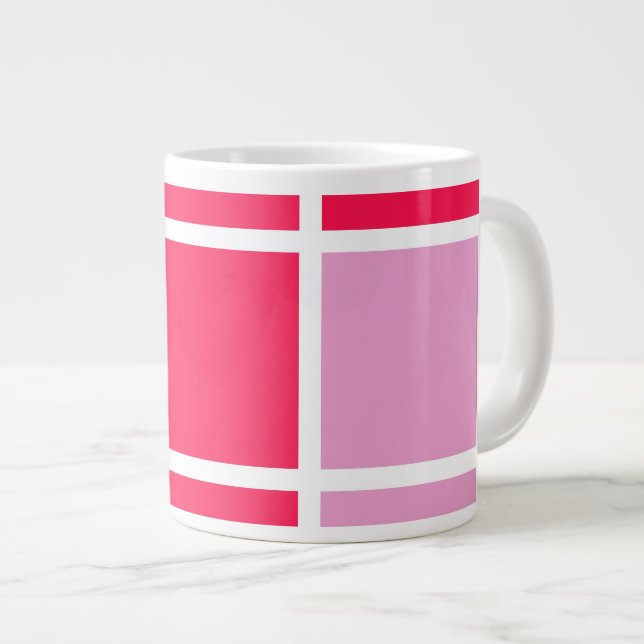 Pink rose white lines squares geometric giant coffee mug (Front Right)