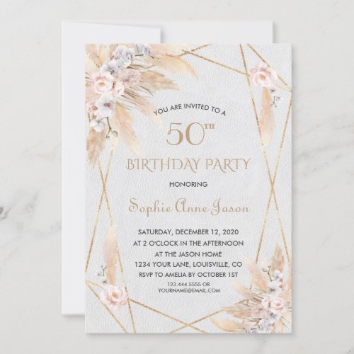 Pink Rose White Orchid Pampas Grass 50th Birthday Invitation