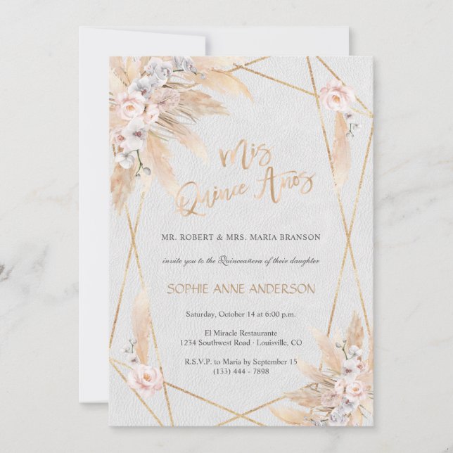 Pink Rose White Orchid Pampas Grass Quinceañera Invitation (Front)