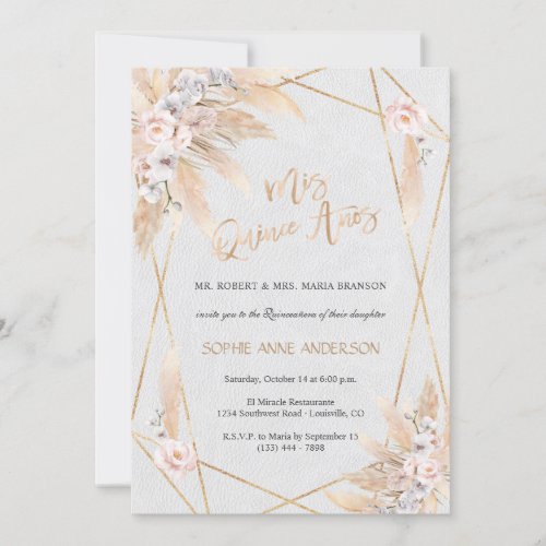 Pink Rose White Orchid Pampas Grass Quinceaera Invitation