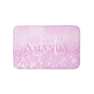 Pink Rose White Pastel Glitter Name Monogram Bathroom Mat