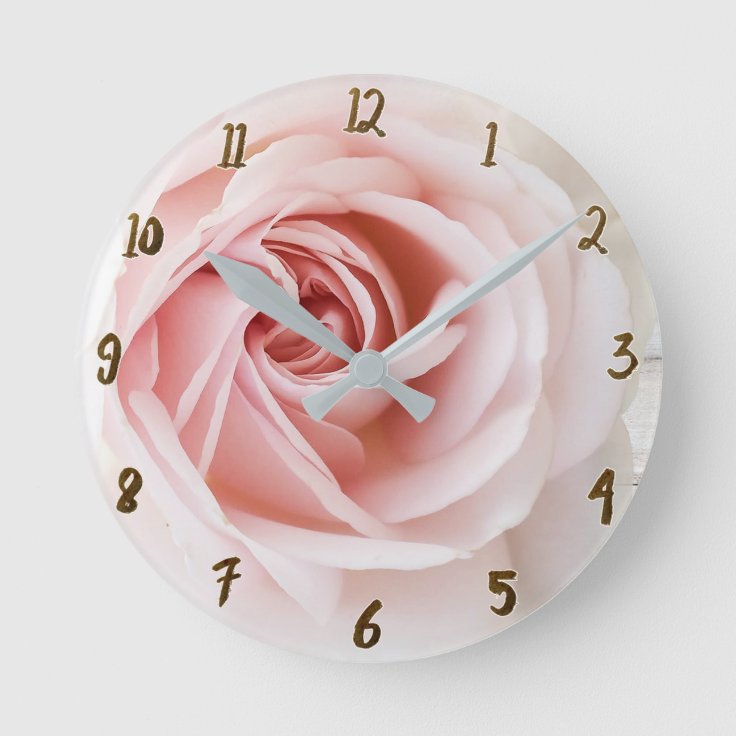 Pink Rose White Wood Shabby Chic Farmhouse Floral Round Clock | Zazzle