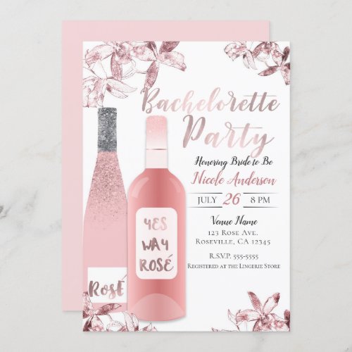 Pink Ros Wine  Orchid Flowers Bachelorette Party Invitation