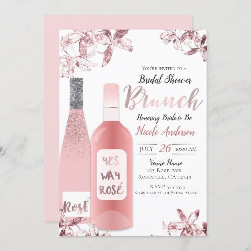 Pink Ros Wine  Orchid Flowers Brunch Breakfast Invitation