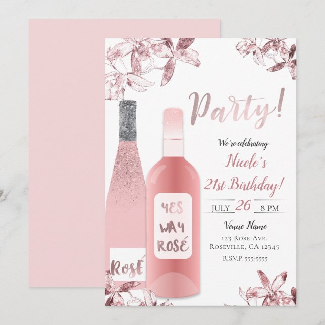 Pink Rosè Wine & Orchid Flowers Party Celebration Invitation (Front/Back)
