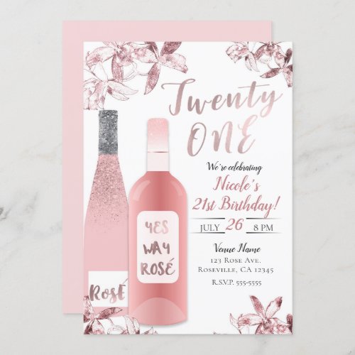 Pink Ros Wine  Orchid Flowers Twenty One 21st 21 Invitation