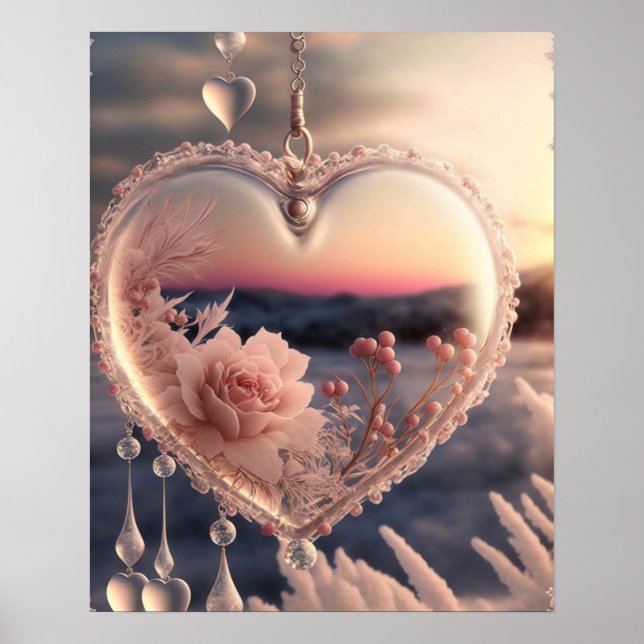 Pink Rose Winter Scene Glass Heart Poster (Front)