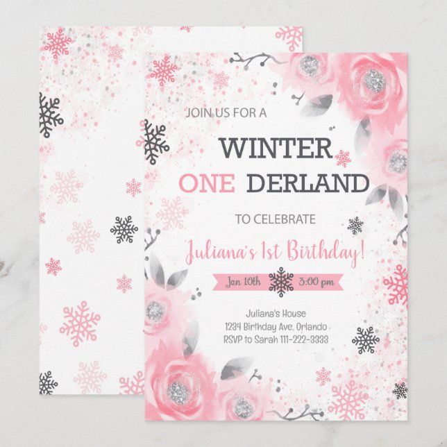 Pink Rose Winter Wonderland 1st Birthday Invite (Front/Back)