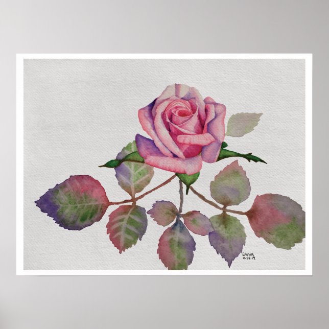 Pink Rose with Abstract Leaves Watercolor Poster (Front)