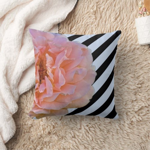 Pink Rose With Black  Blue Diagonal Stripes 2 Throw Pillow