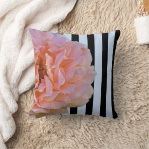 Pink Rose With Black & Blue Vertical Stripes 2 Throw Pillow