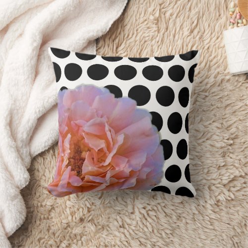 Pink Rose With Black Polka Dots On White 3 Throw Pillow