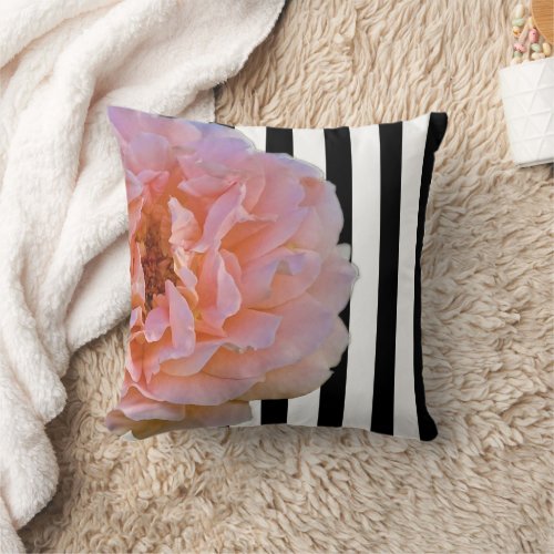 Pink Rose With Black  White Vertical Stripes 2 Throw Pillow