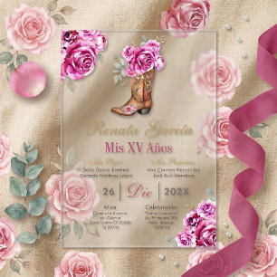Pink rose with boot Quinceañera Invitation