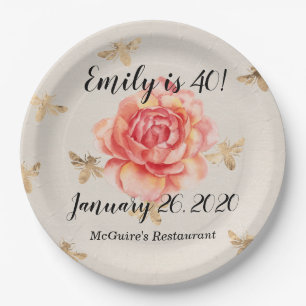 Pink Rose with Golden Bees Background Paper Plates