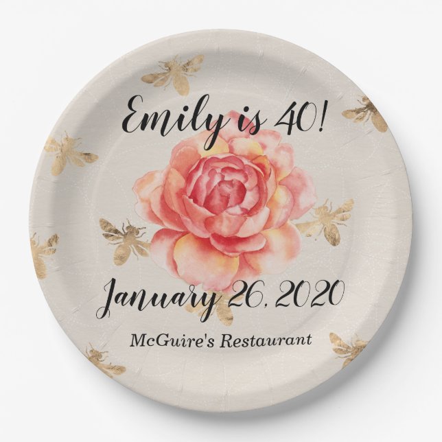 Pink Rose with Golden Bees Background Paper Plates (Front)