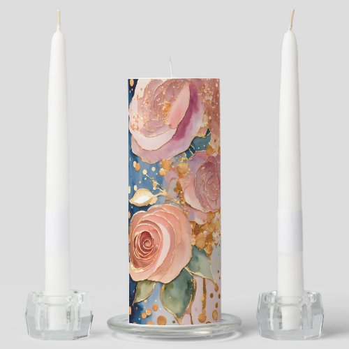 pink rose with golden line  unity candle set