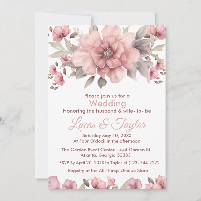 Pink Rose with Greenery Wedding Invitation (Front)