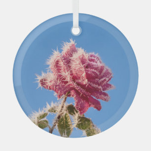 Pink Rose with Icy Frost in a Cold Winter Nature - Glass Ornament