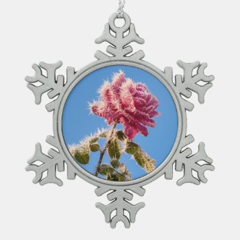Pink Rose With Icy Frost In A Cold Winter Nature - Snowflake Pewter Christmas Ornament by Kathom_Photo at Zazzle