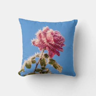 Pink Rose with Icy Frost in a Cold Winter Nature - Throw Pillow