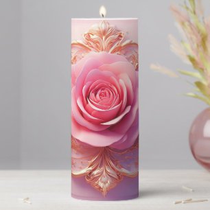 Pink Rose With Intricate Gold Ornamental Details Pillar Candle