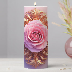Pink Rose With Intricate Gold Ornamental Details Pillar Candle