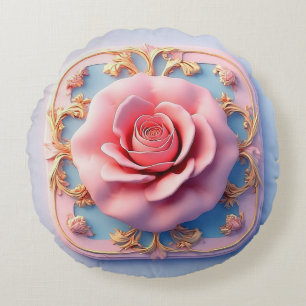 Pink Rose With Intricate Gold Ornamental Details Round Pillow