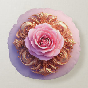 Pink Rose With Intricate Gold Ornamental Details Round Pillow