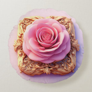 Pink Rose With Intricate Gold Ornamental Details Round Pillow