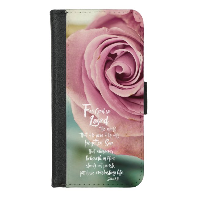 Pink Rose with John 3.16 Bible Verse iPhone Wallet Case (Front)