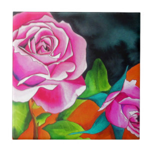 Pink Rose with orange watercolor art Ceramic Tile