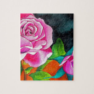 Pink Rose with orange watercolor art Jigsaw Puzzle