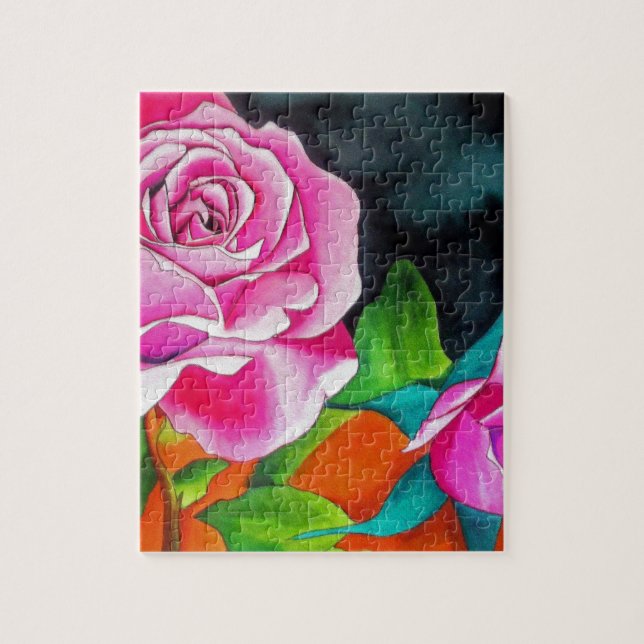 Pink Rose with orange watercolor art Jigsaw Puzzle (Vertical)