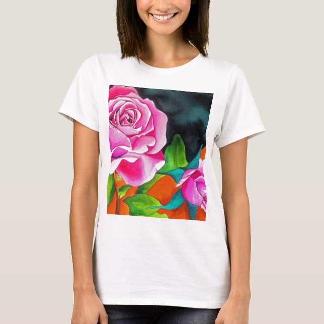 Pink Rose with orange watercolor art T-Shirt (Front)