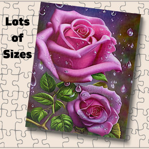 Pink Rose with Raindrops & Green Leaves Jigsaw Puzzle