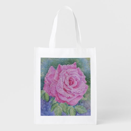 Pink Rose with Raindrops Grocery Bag