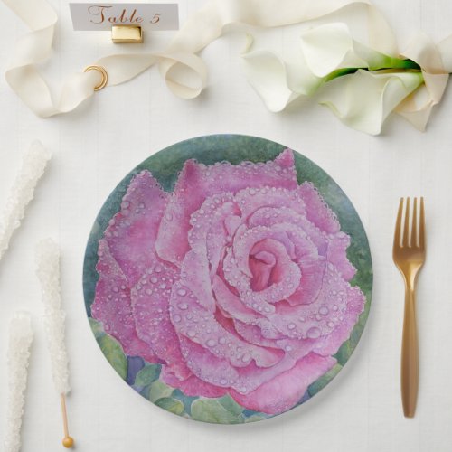 Pink Rose with Raindrops Paper Plates
