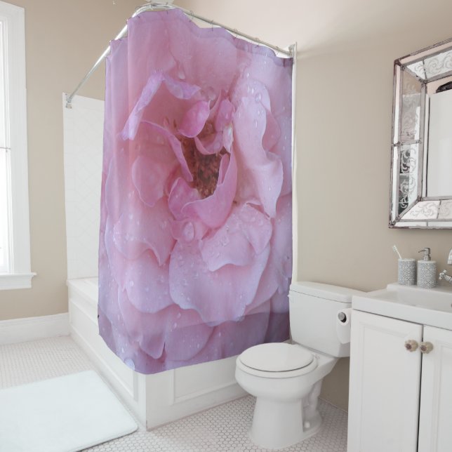 Pink Rose with Raindrops Shower Curtain (In Situ)